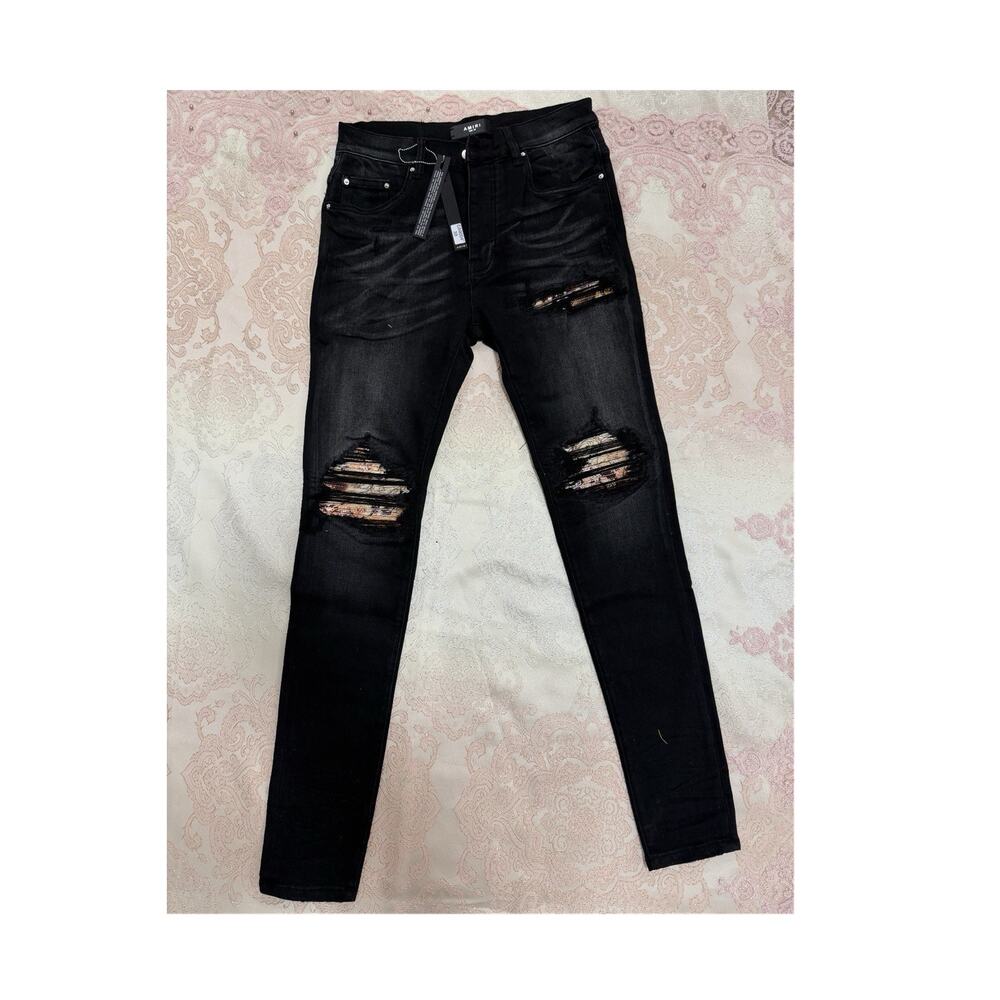 AMIRI Men's Black Distressed Denim Skinny Jeans Slim Fit 30W 5-Pocket Button Zip